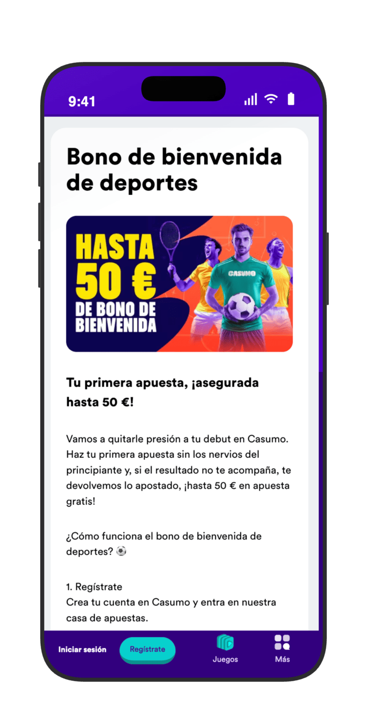 Página del bono de bienvenida de deportes de Casumo con apuesta asegurada de hasta 50 euros en apuesta gratis