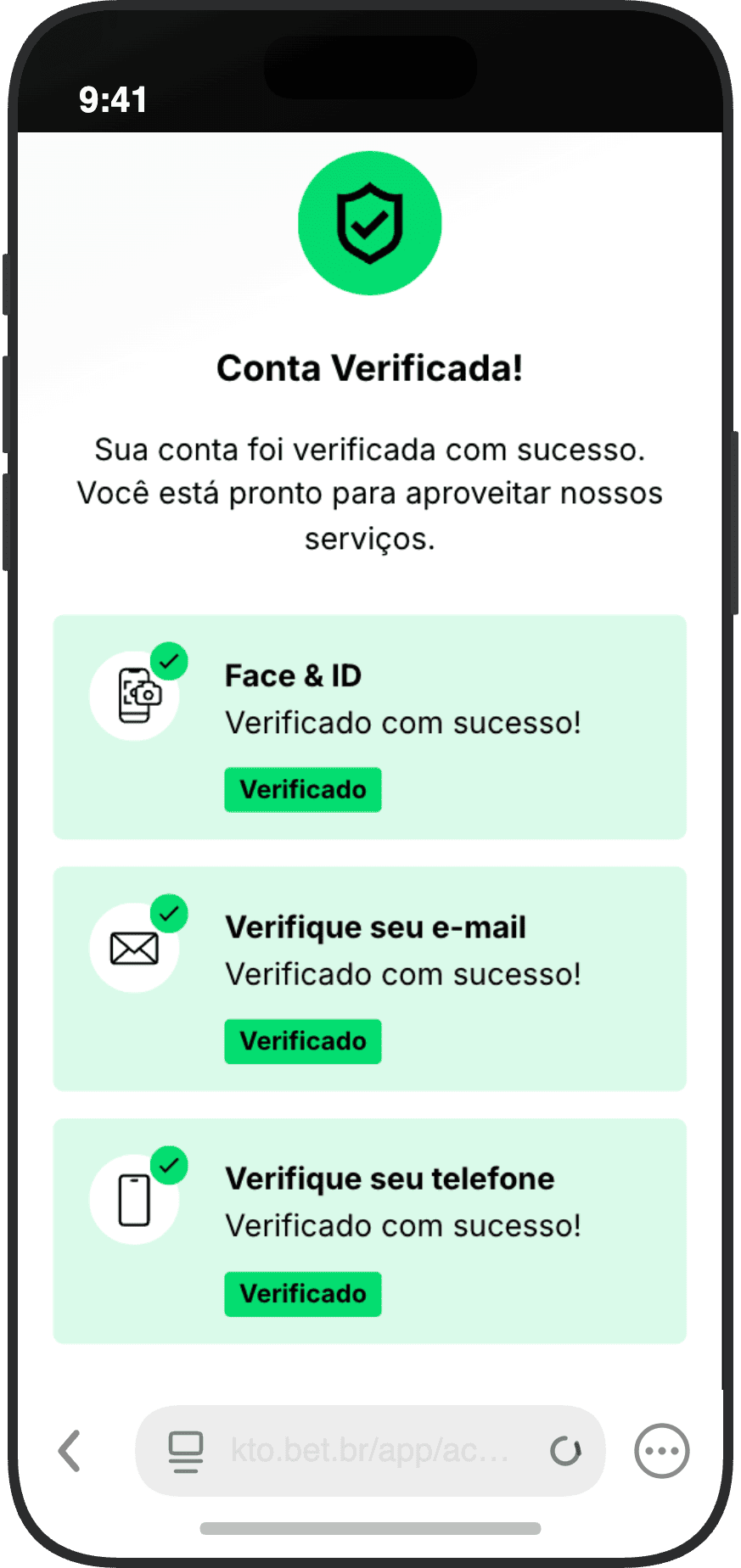 Tela de conta verificada do KTO com confirmação de Face ID, e-mail e telefone