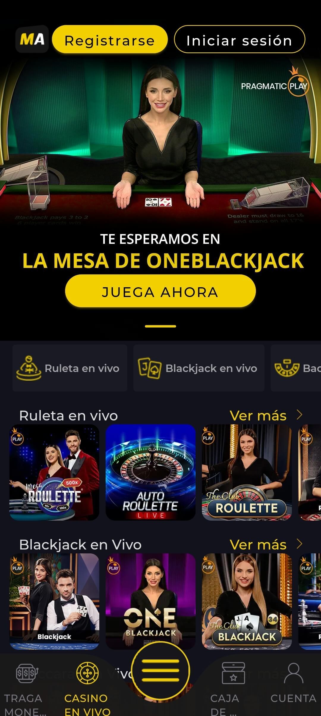 Página de casino en vivo