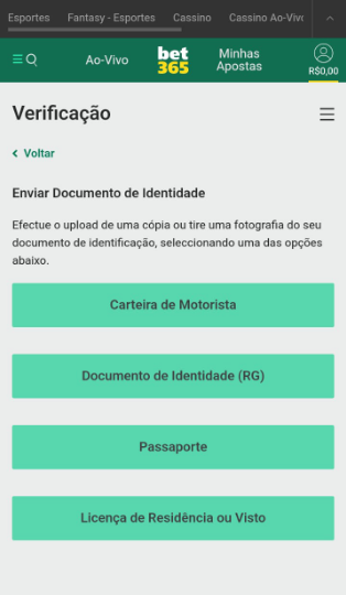 Selecione o documento para envio para verificação de identidade