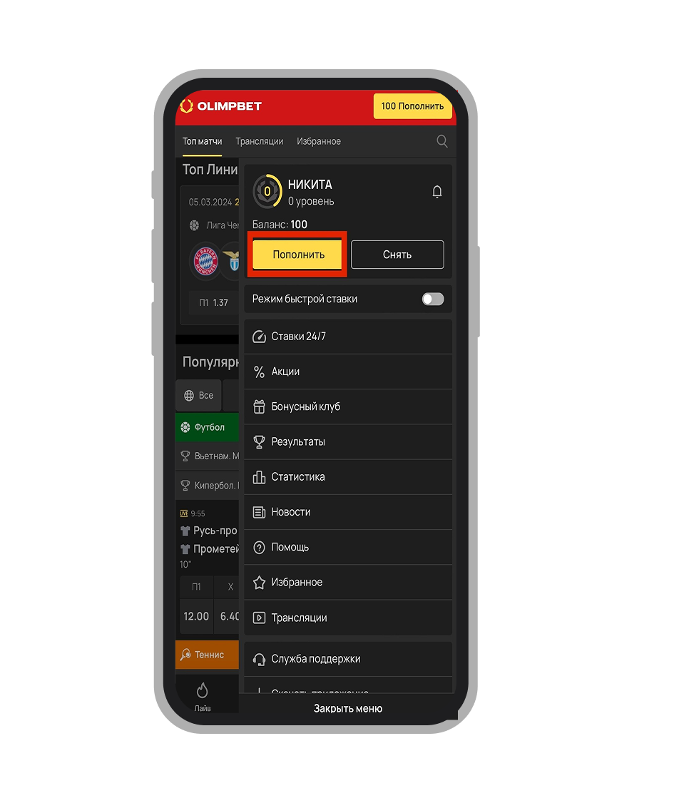 Иконка для пополнения счёта на верхней панели
