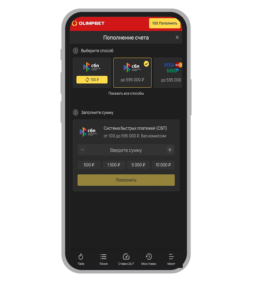 Страница внесения депозита через иконку «кошелёк»