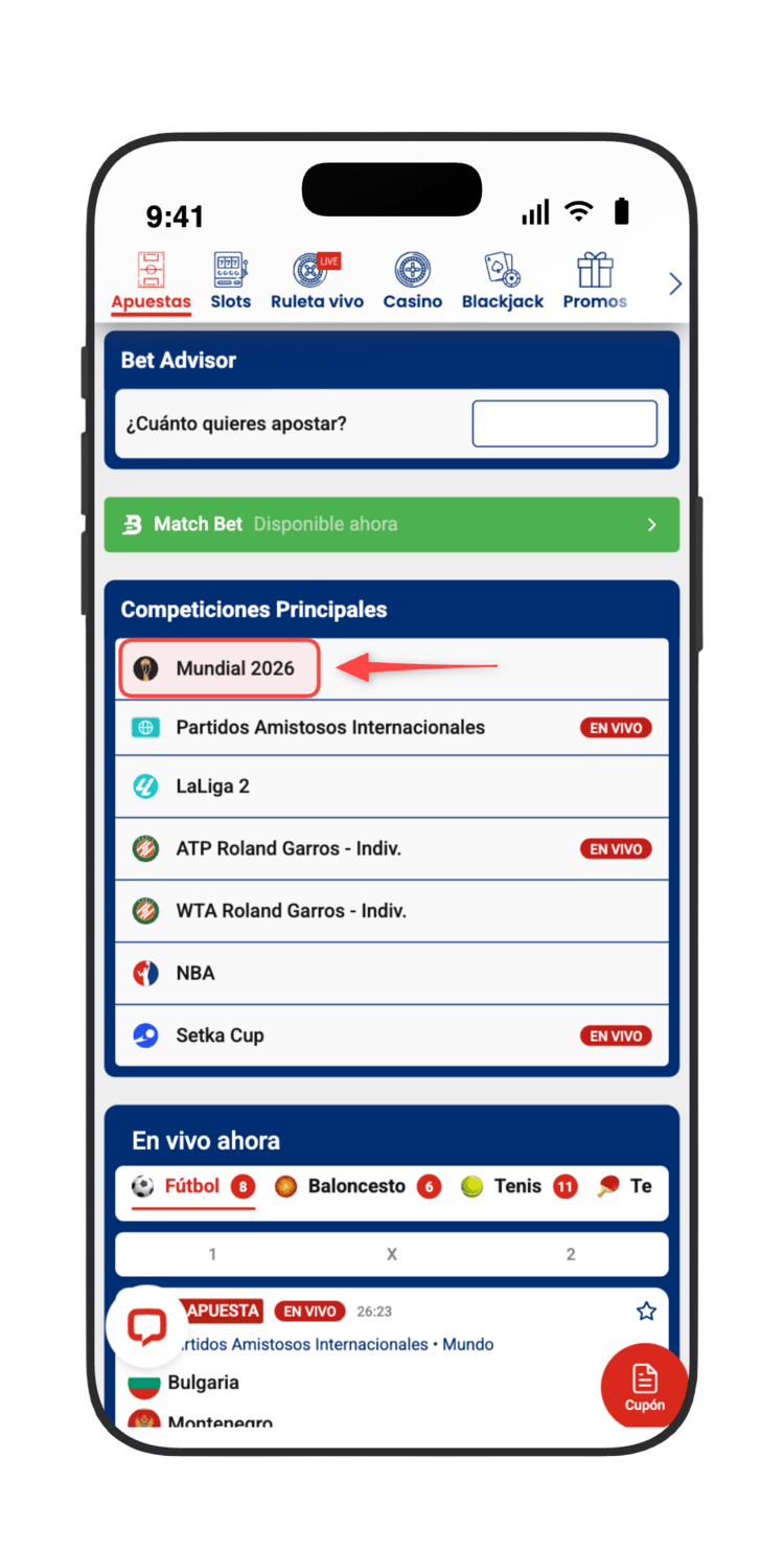 Baja a Competiciones Principales y pulsa en Mundial 2026 para ver todos los partidos del torneo en JOKERBET