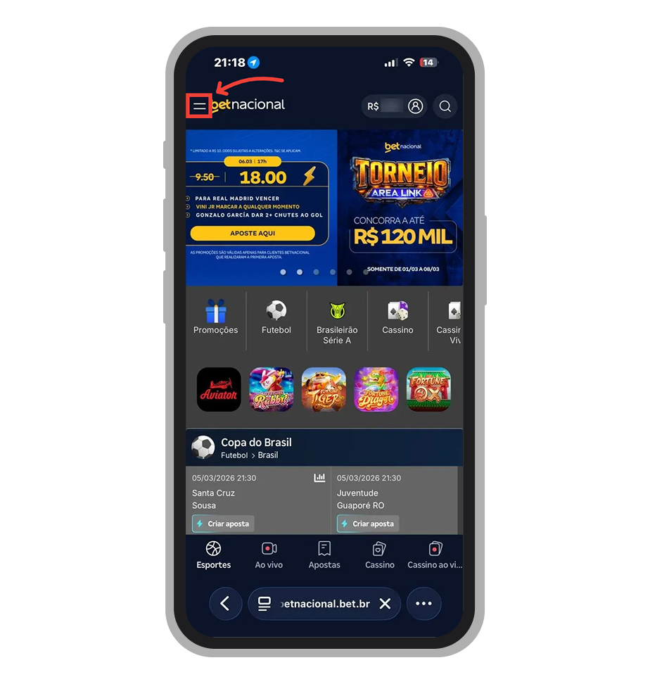 Acesse menu principal da plataforma Betnacional