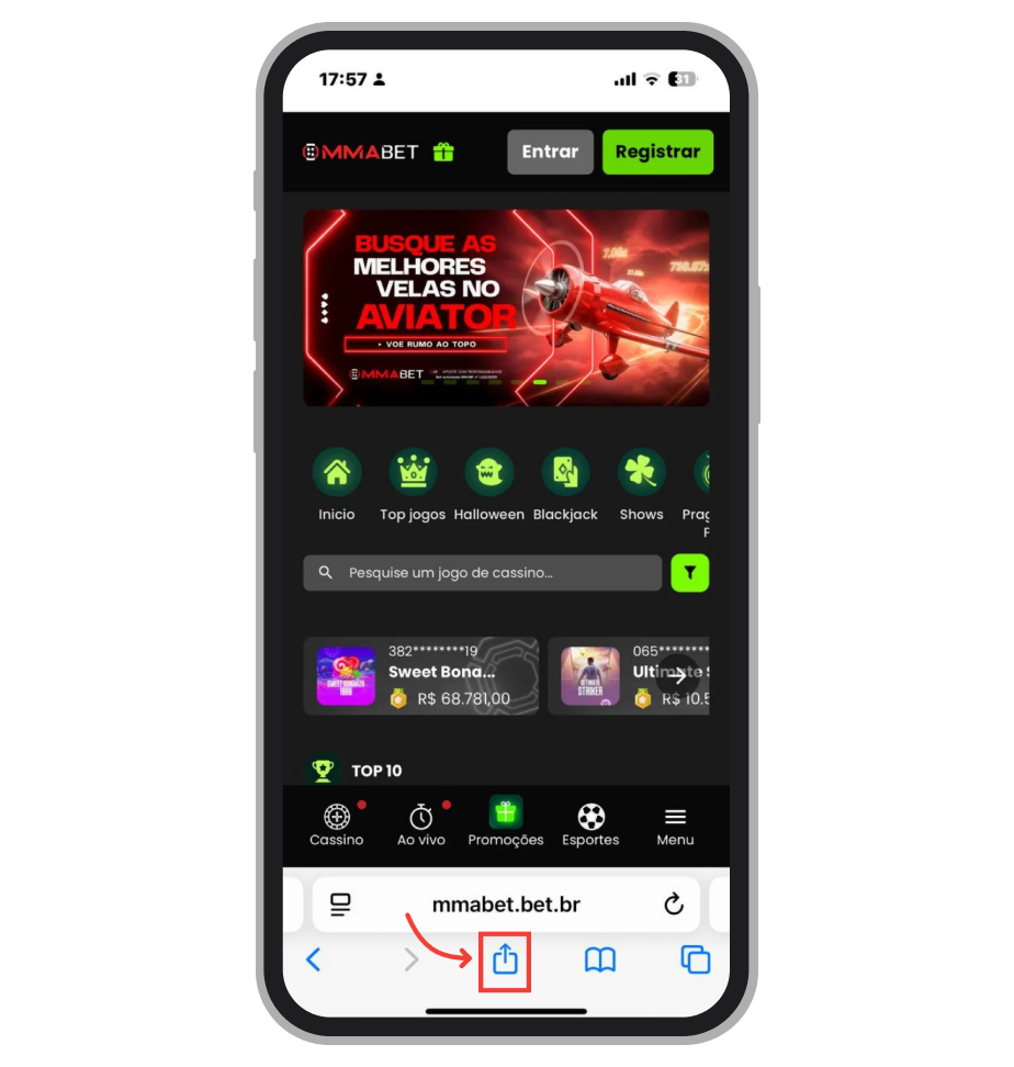 Clique no botão compartilhar de Safari