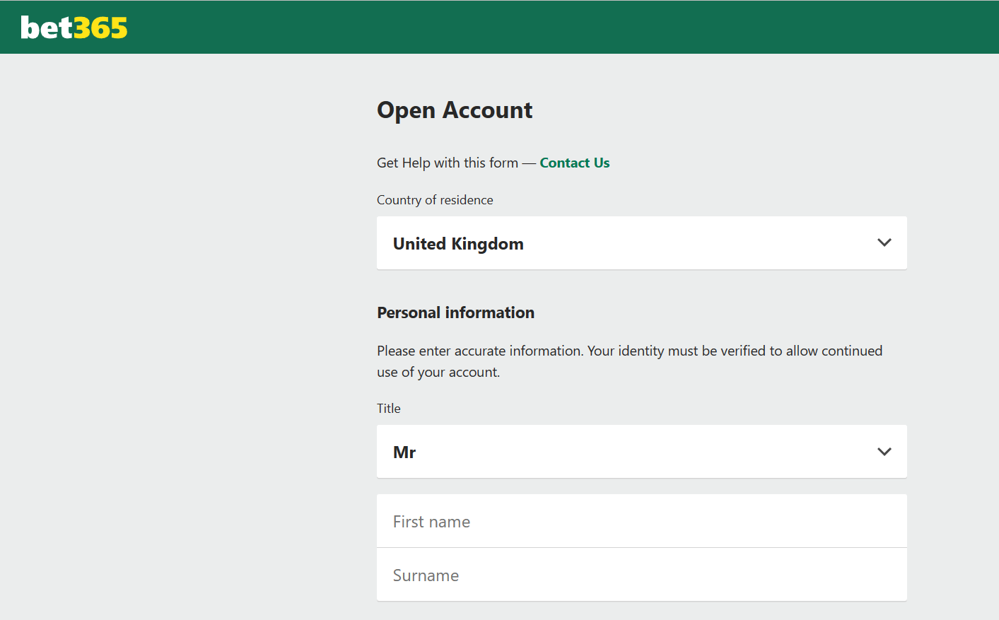Bet365 Open Account form