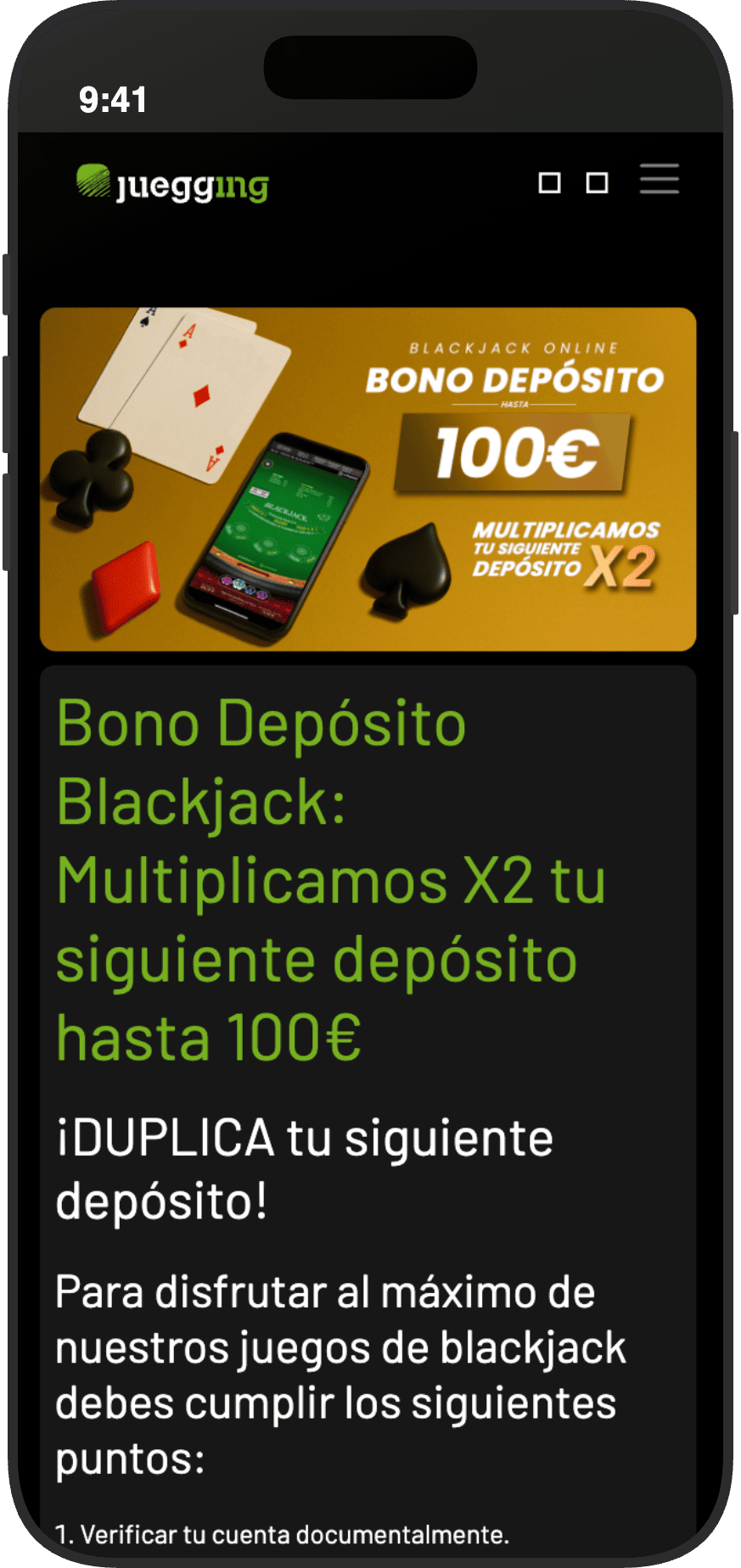 Bono de depósito de Juegging para blackjack online con depósito duplicado hasta 100 euros