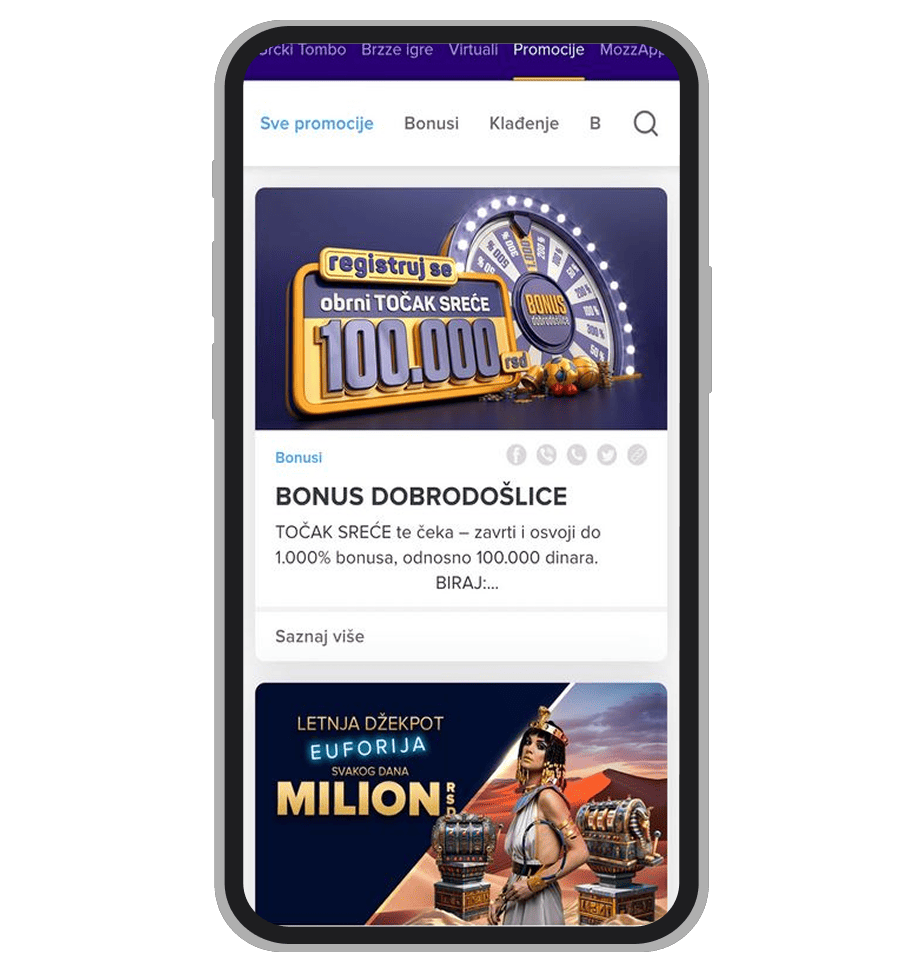 Stranica sa promocijama na MozzartBet
