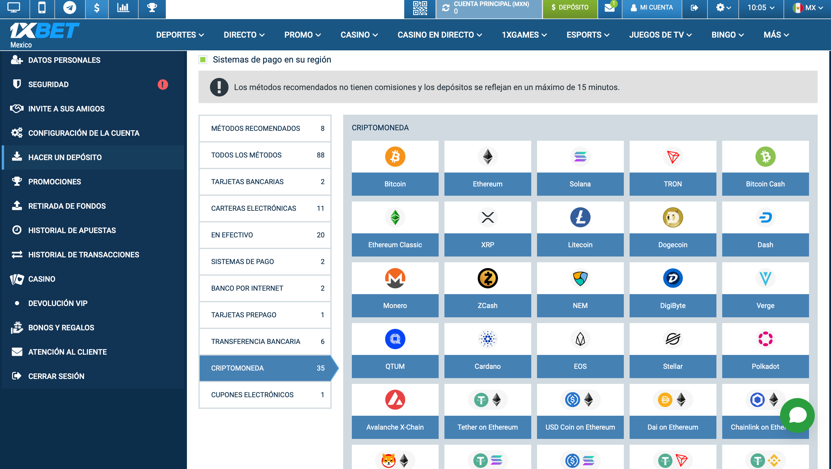 Sección de criptomonedas en 1xBet