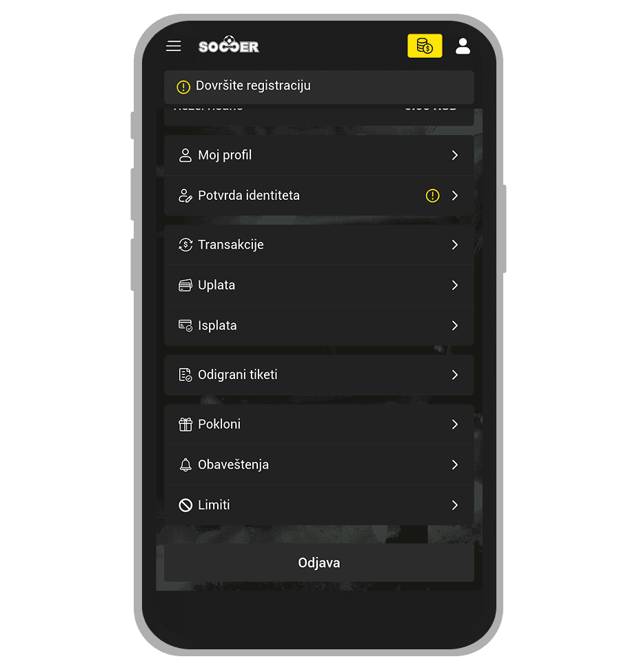 SoccerBet nalog korisnika