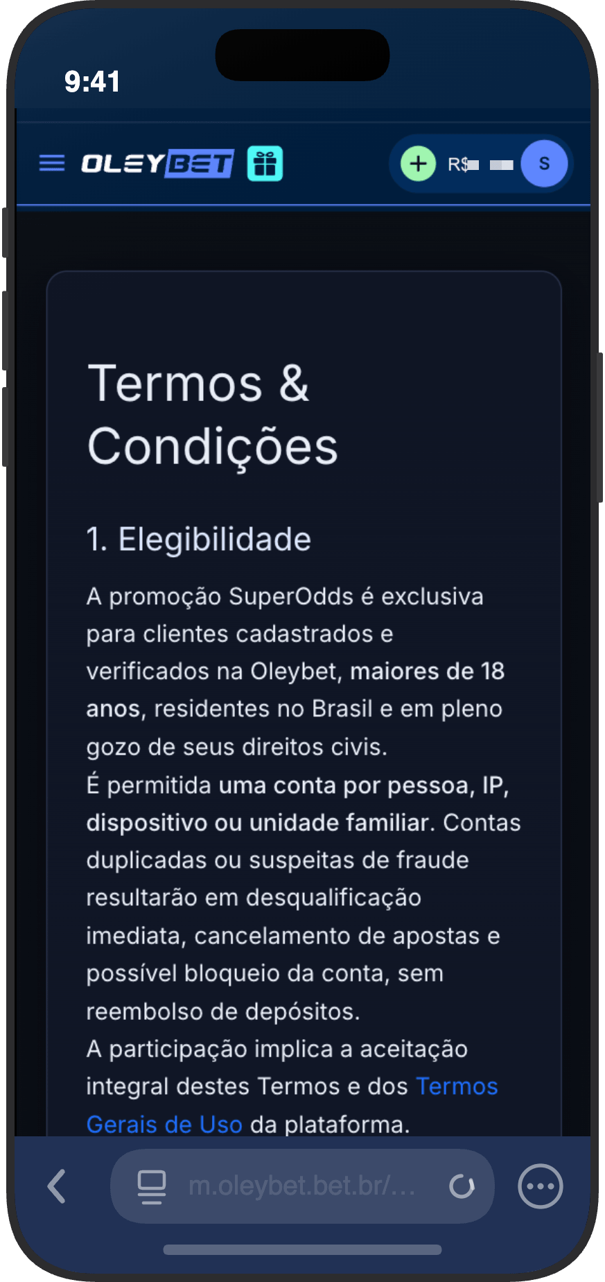 Termos e condições de promoção do cassino OleyBet com regras de elegibilidade e conta única