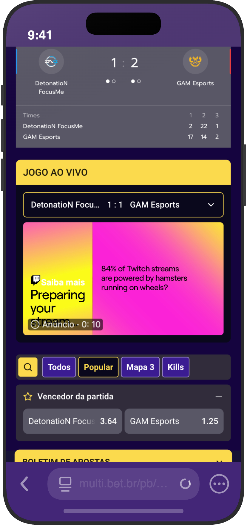 Partida ao vivo de Counter-Strike na Multibet com placar e odds de GAM Esports