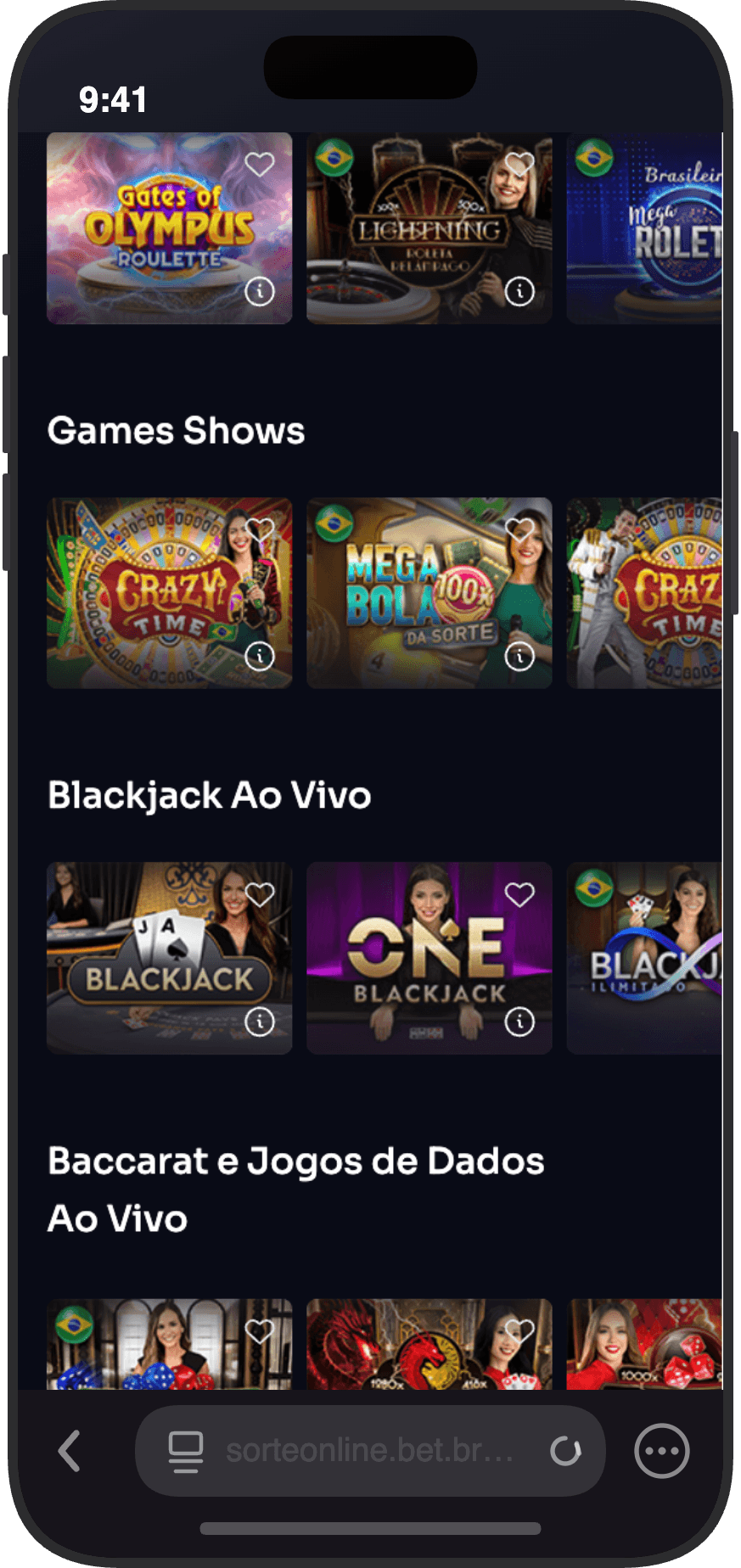 Cassino ao vivo da Sorte Online com roletas, Game Shows como Crazy Time e Mega Bola, Blackjack Ao Vivo e Baccarat com mesas brasileiras
