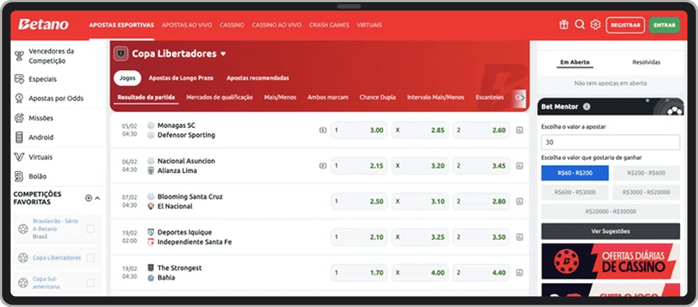 Cotações para as partidas da Libertadores na Betano