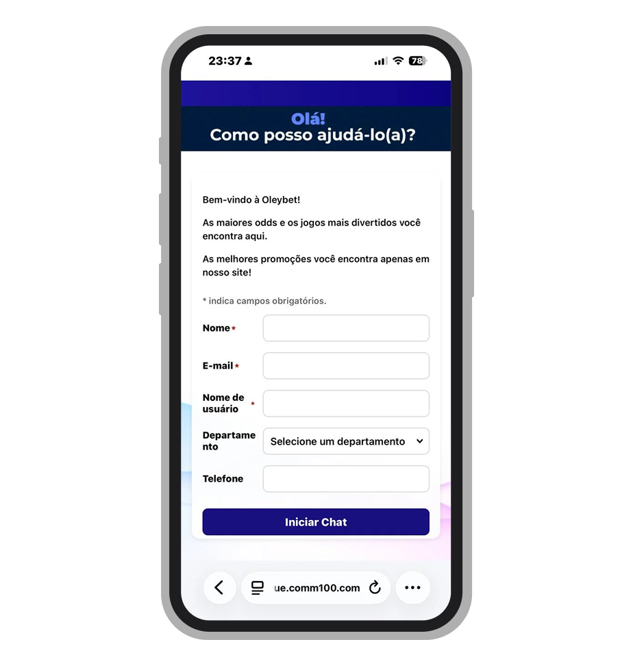 Chat ao vivo da OleyBet com formulário de dados pessoais exigido antes do atendimento
