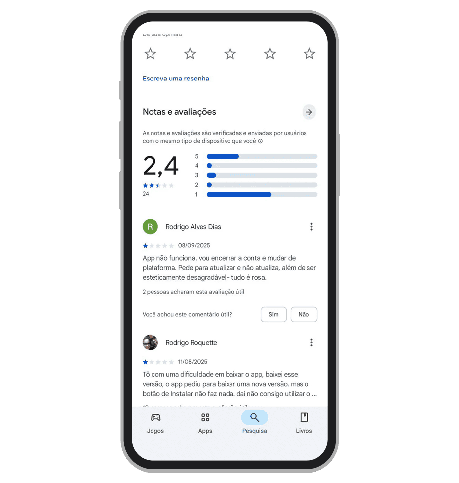 Avaliações do aplicativo VBET na Google Play Store