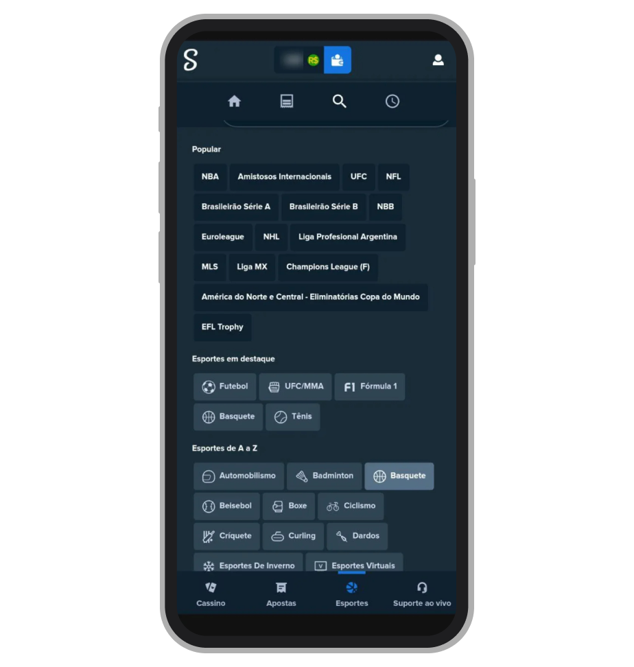 A busca avançada no aplicativo da Stake 