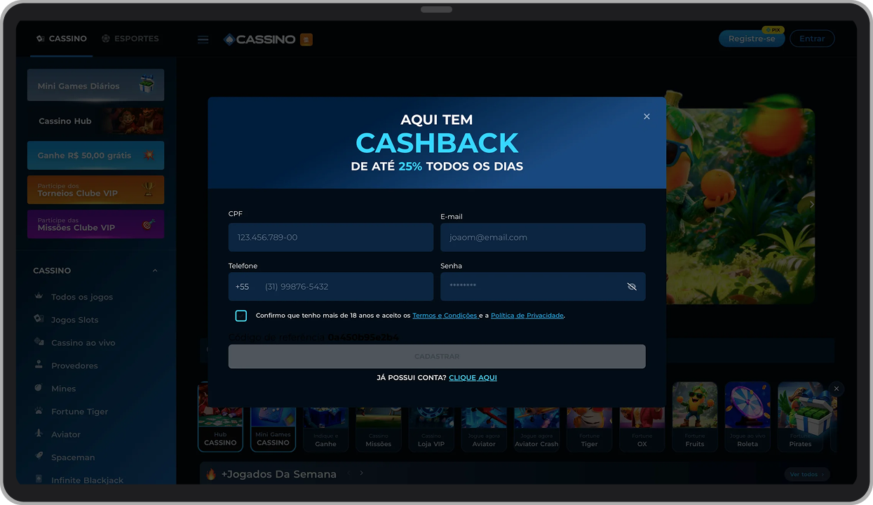 Visualização dos quatro campos essenciais para a criação rápida de conta no computador