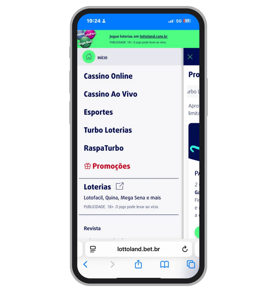 Menu lateral no site da Lottoland