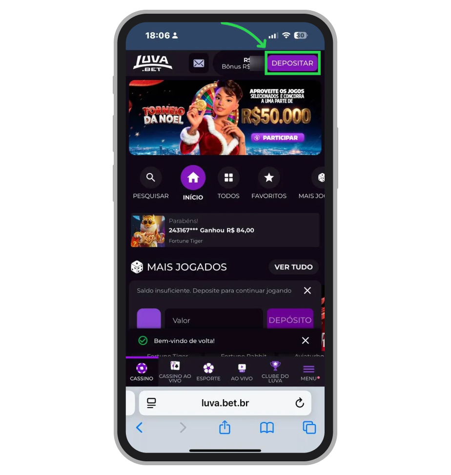 Clique no botão "Depositar" no canto superior direito para abrir o painel de pagamentos