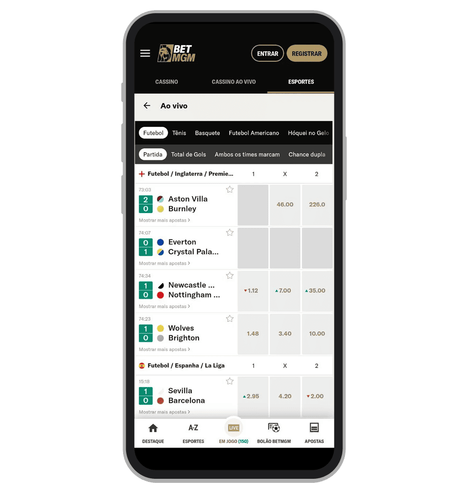 Apostas ao vivo no aplicativo da BetMGM