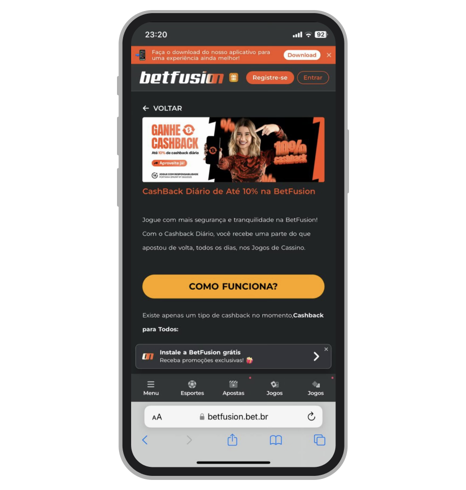 Cashback de até 10% no site mobile Betfusion