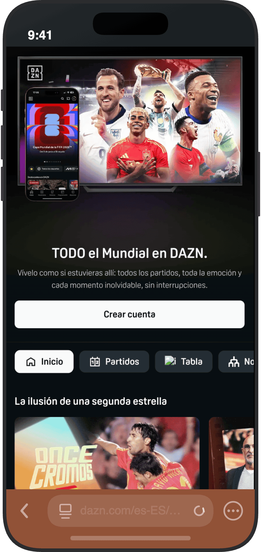 Página de DAZN España con la promoción TODO el Mundial en DAZN y botón Crear cuenta para ver los 104 partidos