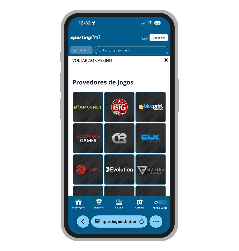 Filtro por provedor no lobby de slots da Sportingbet com Pragmatic Play e Red Tiger