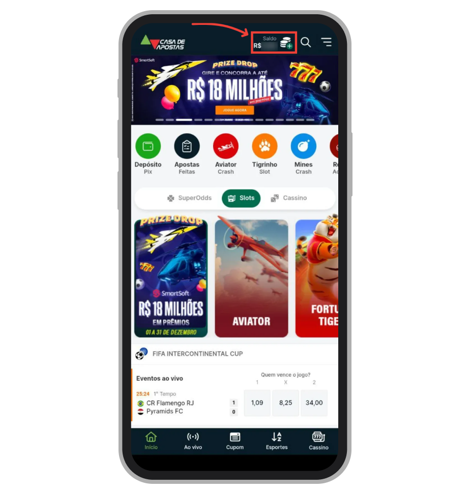 Toque no botão de depósito