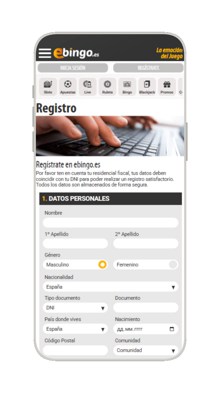 Formulario de registro en Ebingo