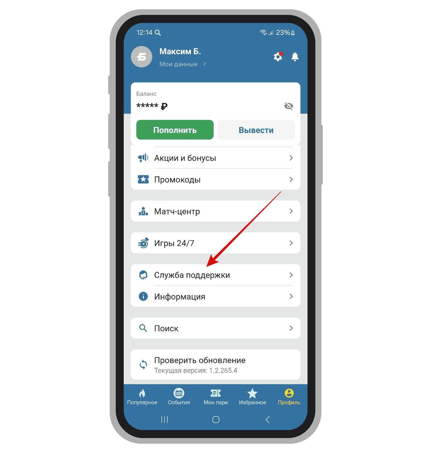 Раздел «Служба поддержки» в профиле
