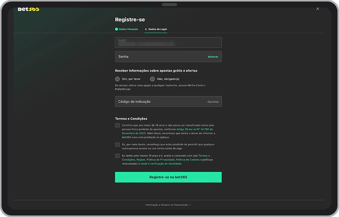 Passo final de registro da conta na Bet365