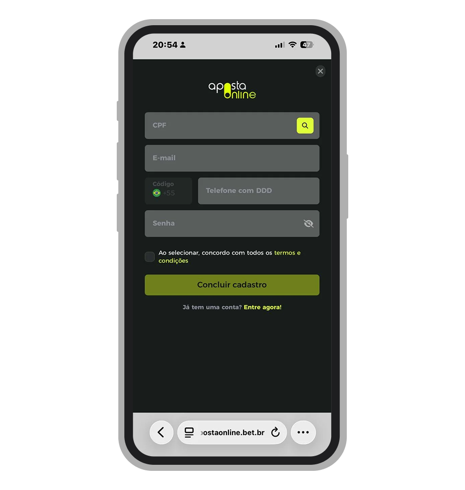 Tela de cadastro do cassino Aposta Online com campos CPF e e-mail