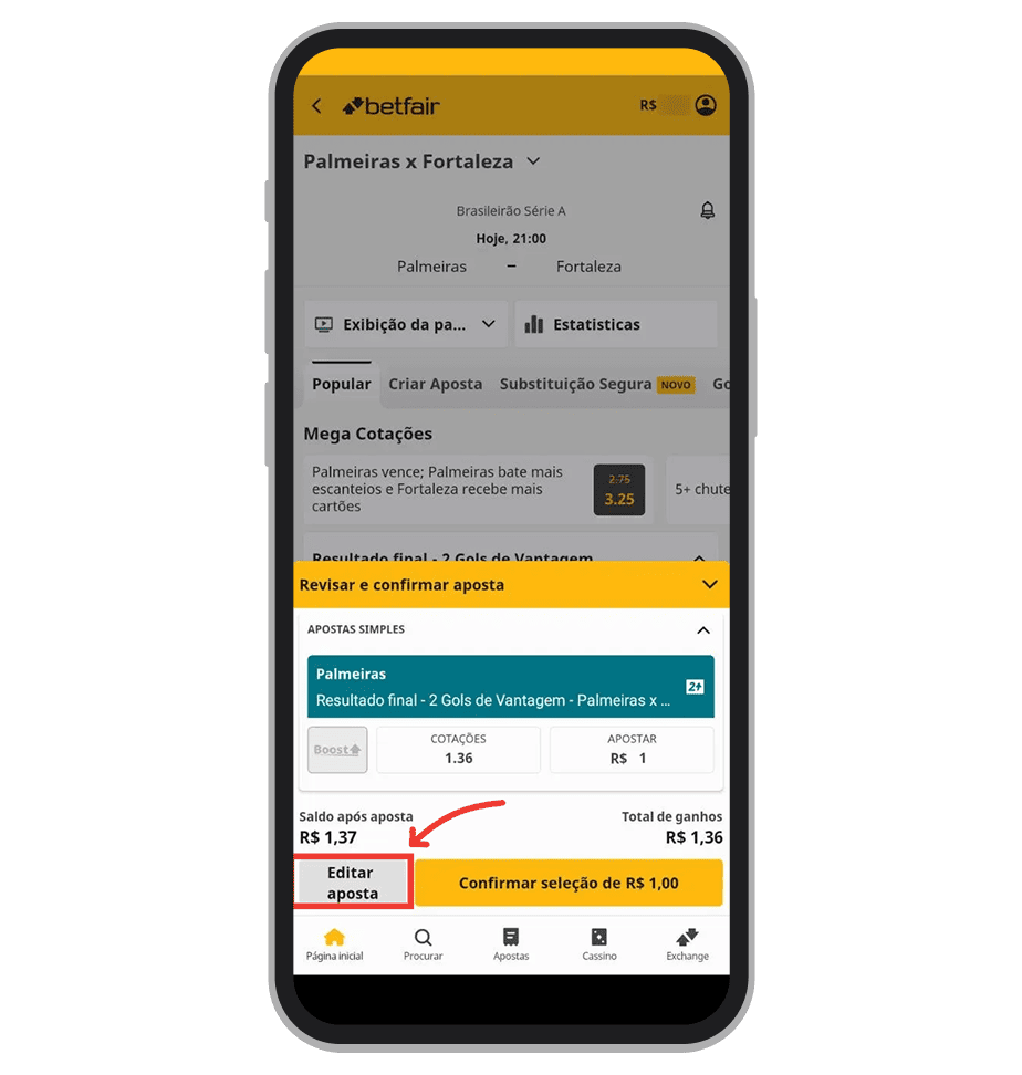 O recurso Editar aposta disponível no app Betfair