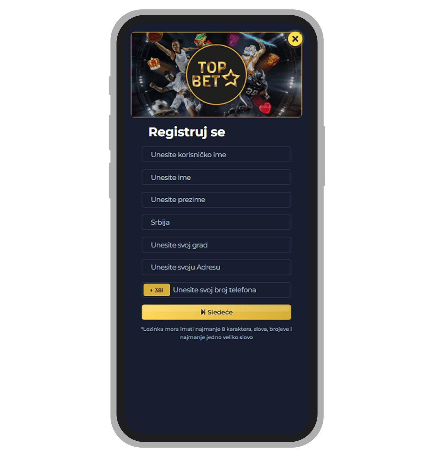 Registracija naloga na TopBet kladionici