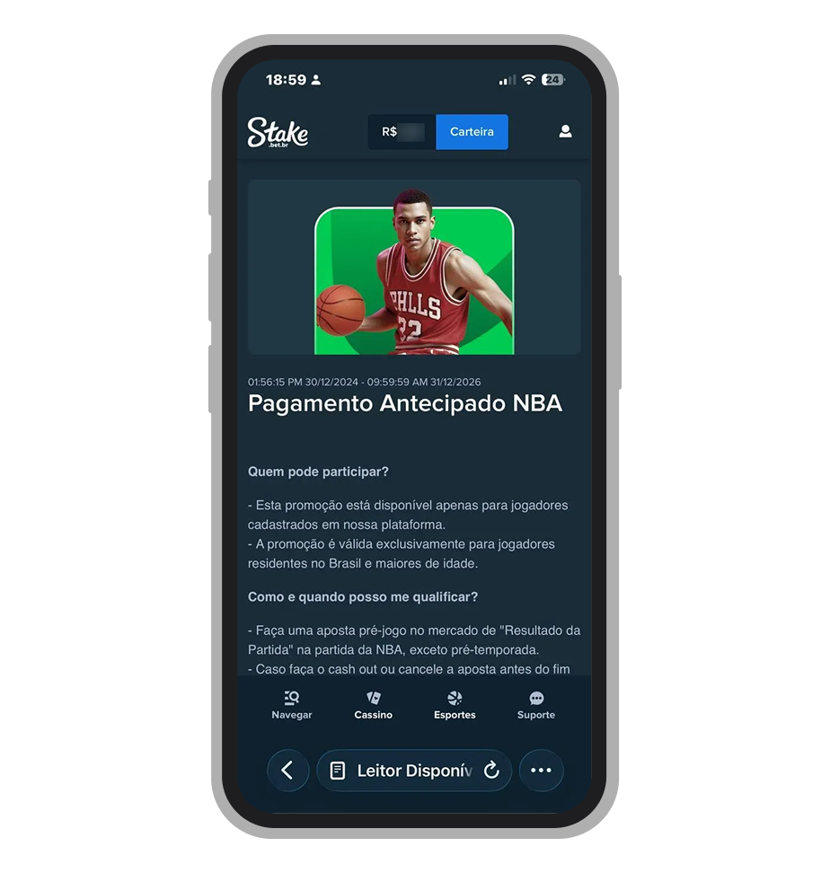 Feature Pagamento Antecipado da Stake na NBA ao atingir 20 pontos de vantagem
