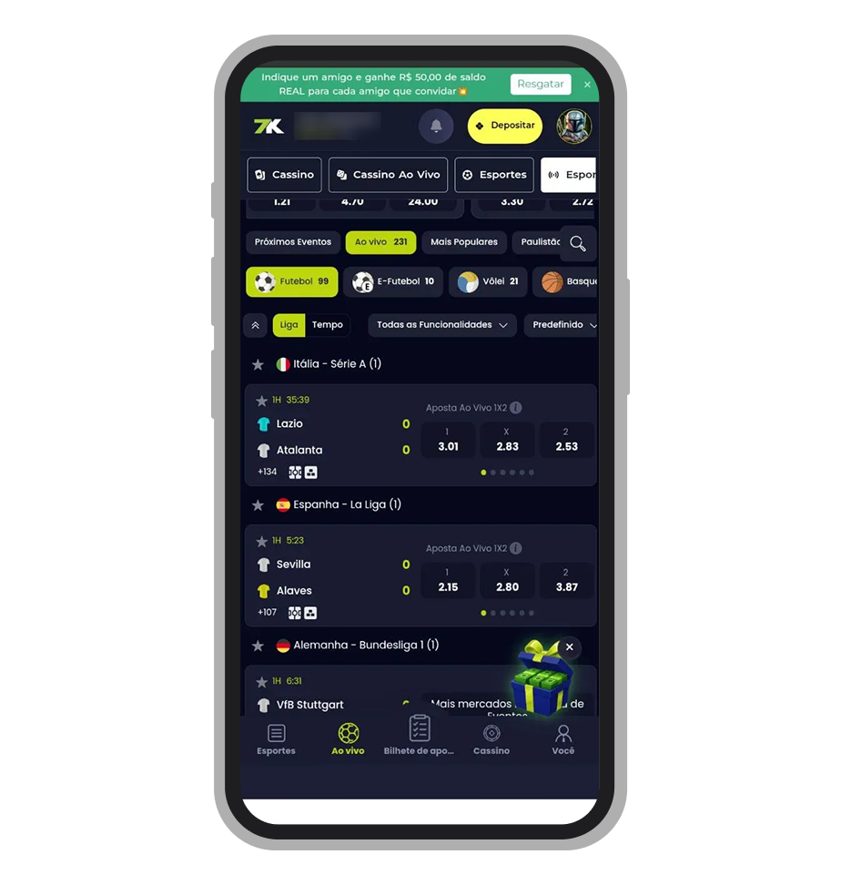 Apostas ao vivo no app 7K.bet de Android