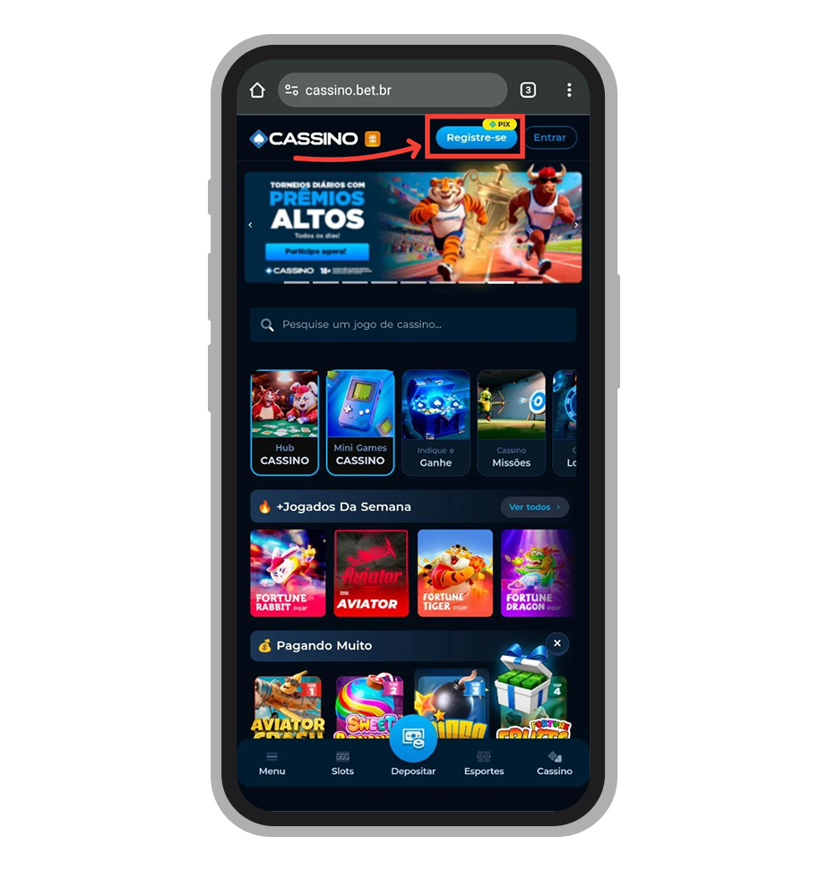 Localização do botão de registro no site mobile da Cassino.bet