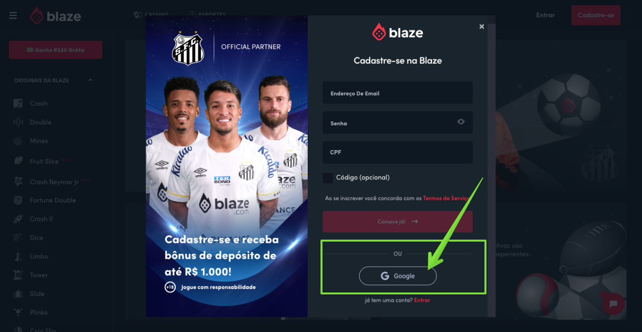 Opção de inscrição via Google