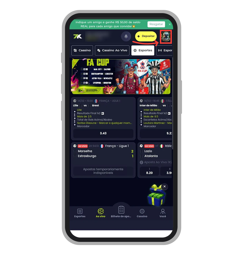 Entre no menu principal do app 7K.bet