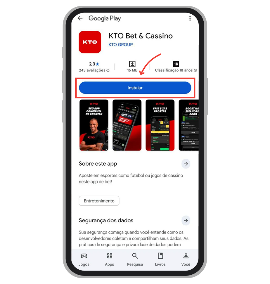 Toque em "Instalar" na página da KTO no Google Play Store 