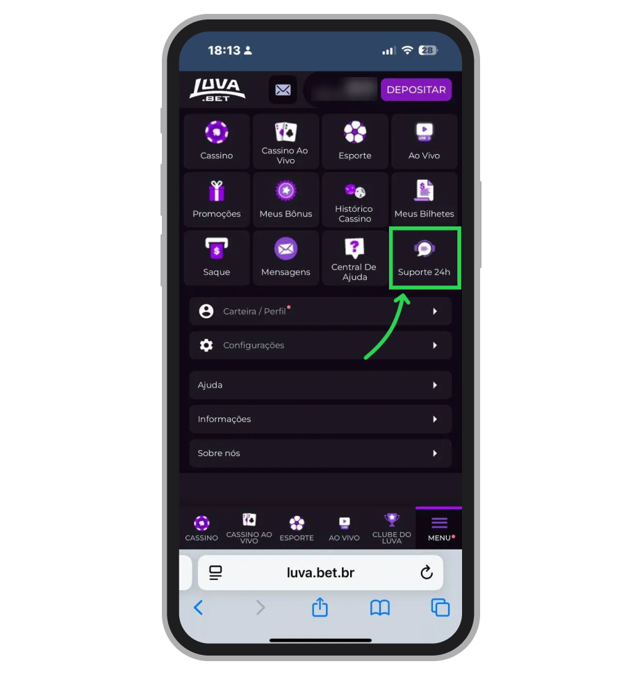 Selecione "Suporte 24 horas" na lista para ser encaminhado ao canal de atendimento exclusivo