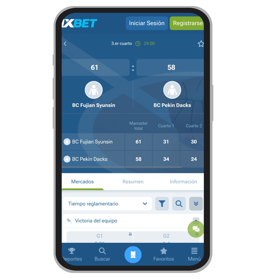Casa de apuestas 1xBet, ejemplo de la página de un partido en vivo