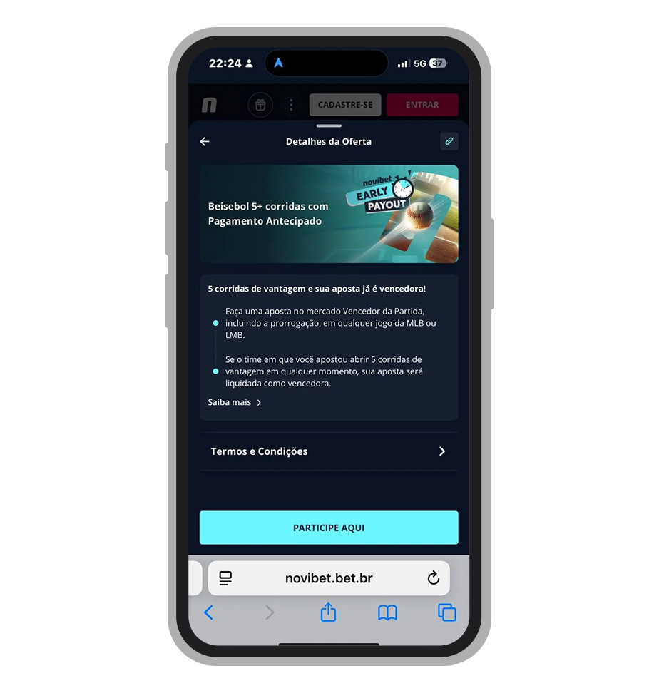 Pagamento antecipado no site mobile da Novibet 