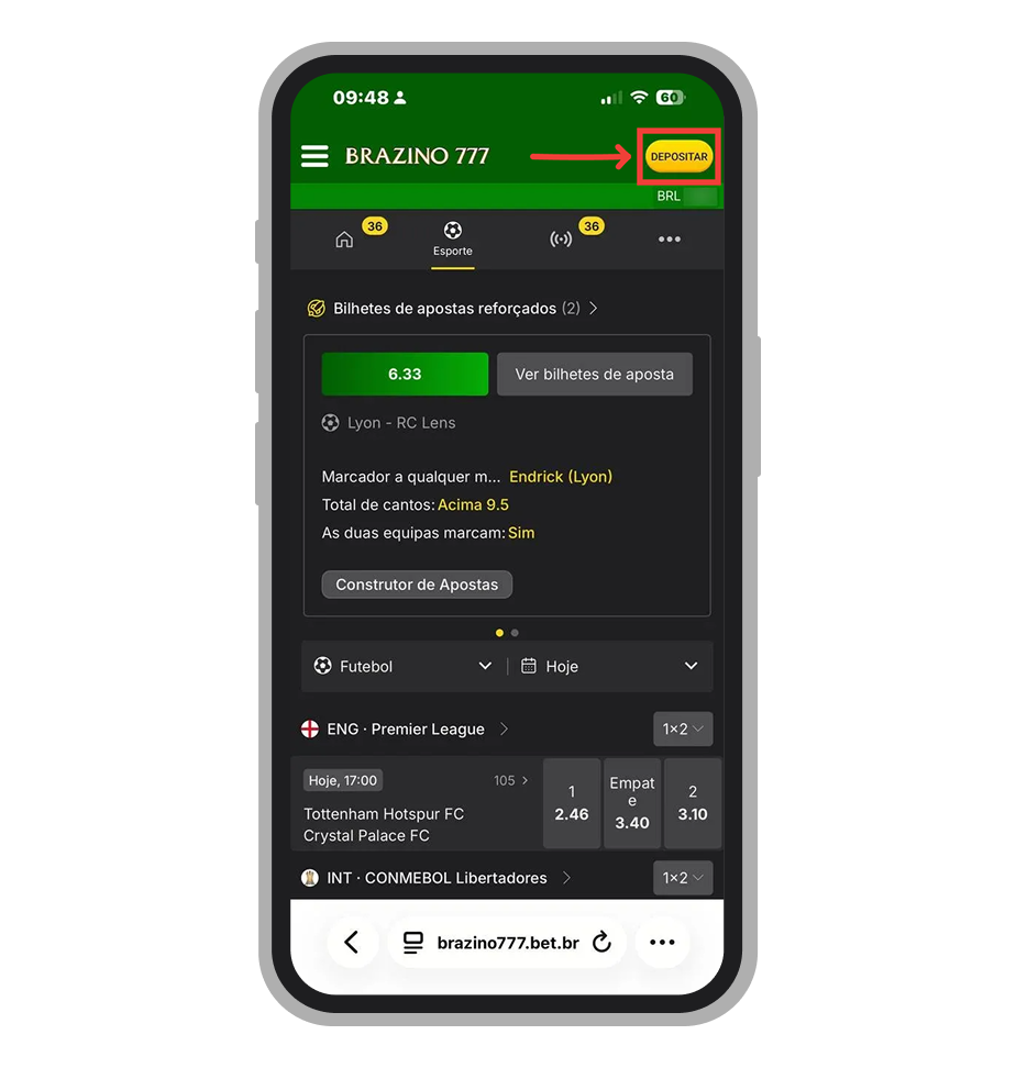 Toque no botão "Depositar" na tela inicial do app ou site