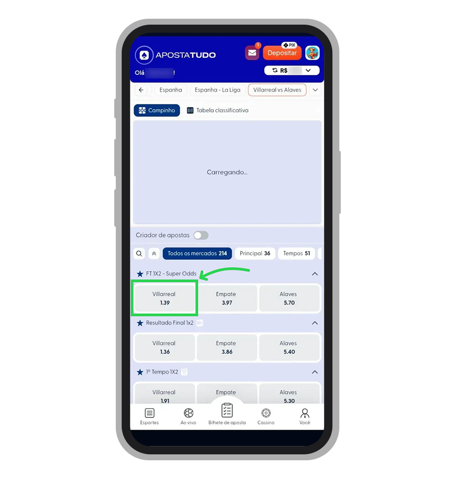 Toque na odd correspondente ao resultado desejado