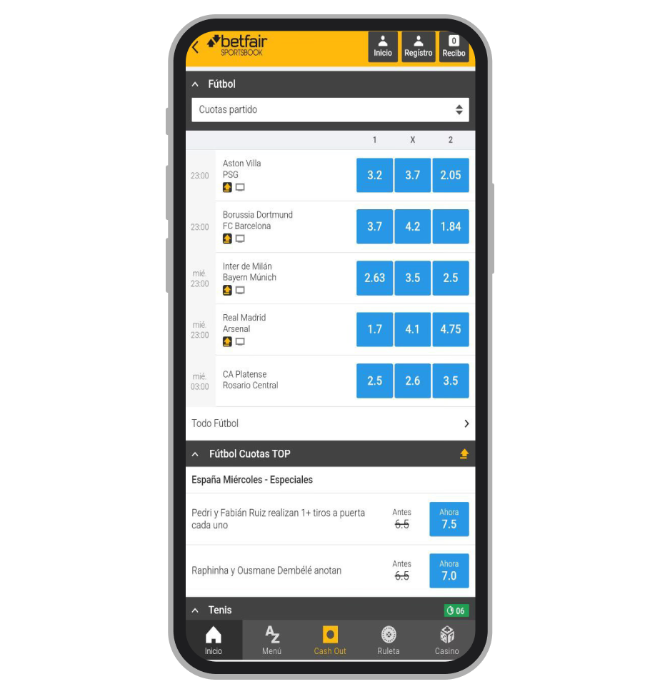 Página de inicio. Betfair