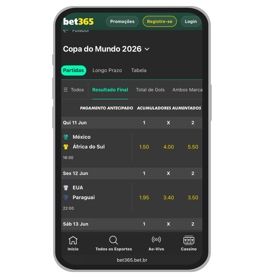 Página de apostas da Copa do Mundo 2026