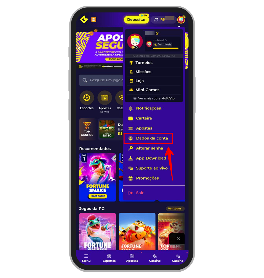 Ao entrar na conta acesse o menu e opte por “Dados da conta”
