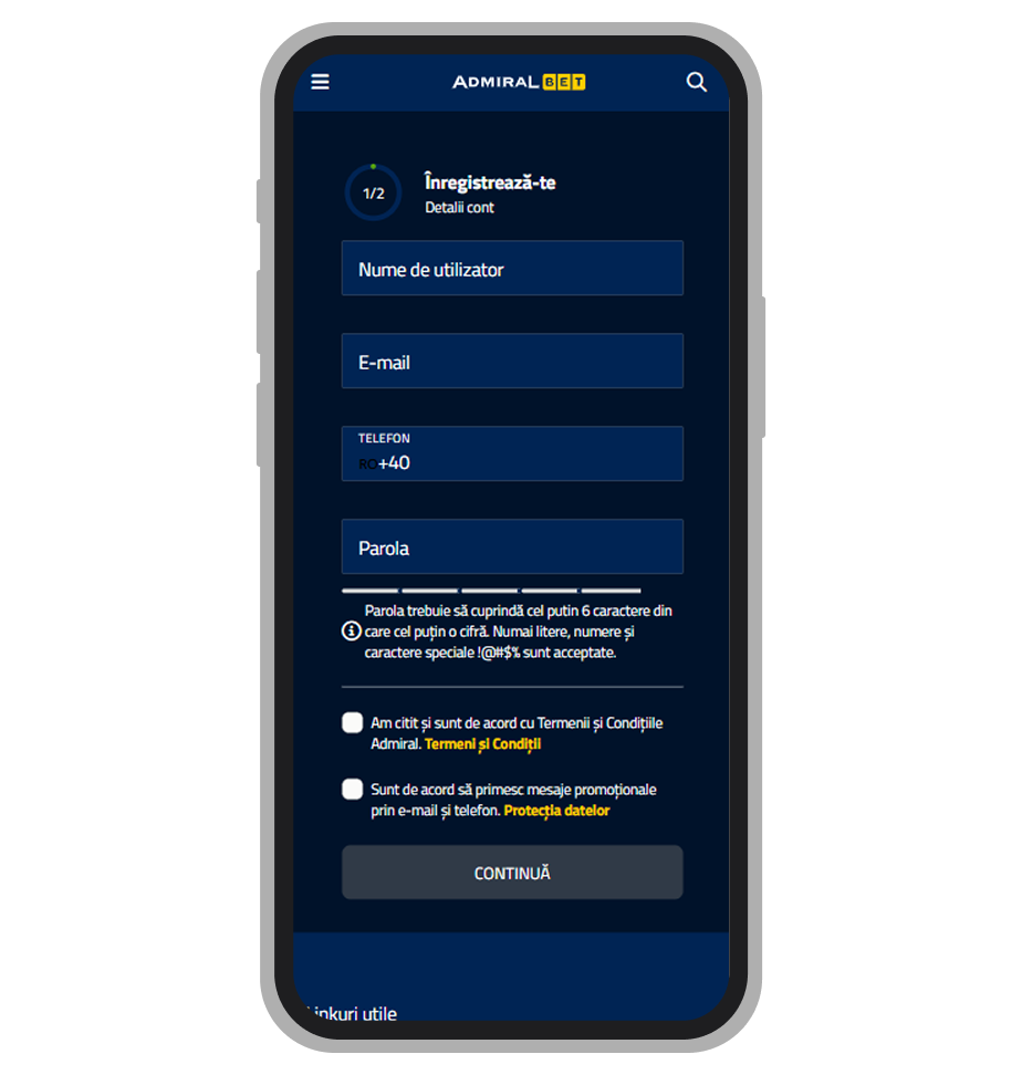 Formular de înregistrare Admiralbet